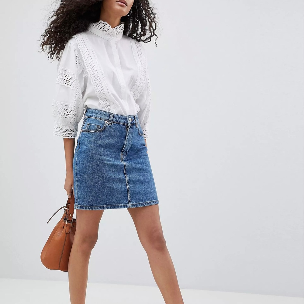 ASOS DESIGN denim original high waisted skirt in midwash blue